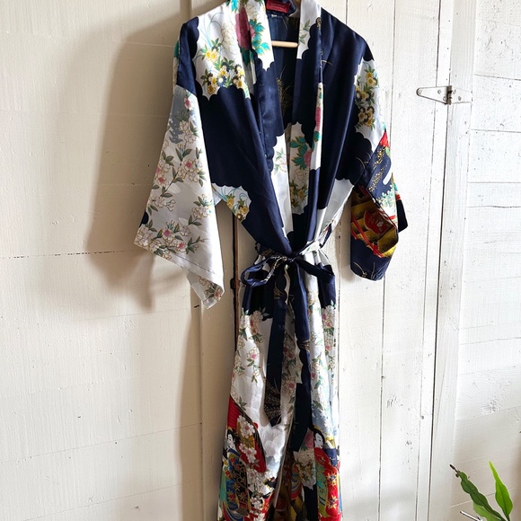 Vintage Robe Long Geisha Kimono Silver Dragon Blue De Oriental Small Medium - Picture 10 of 16